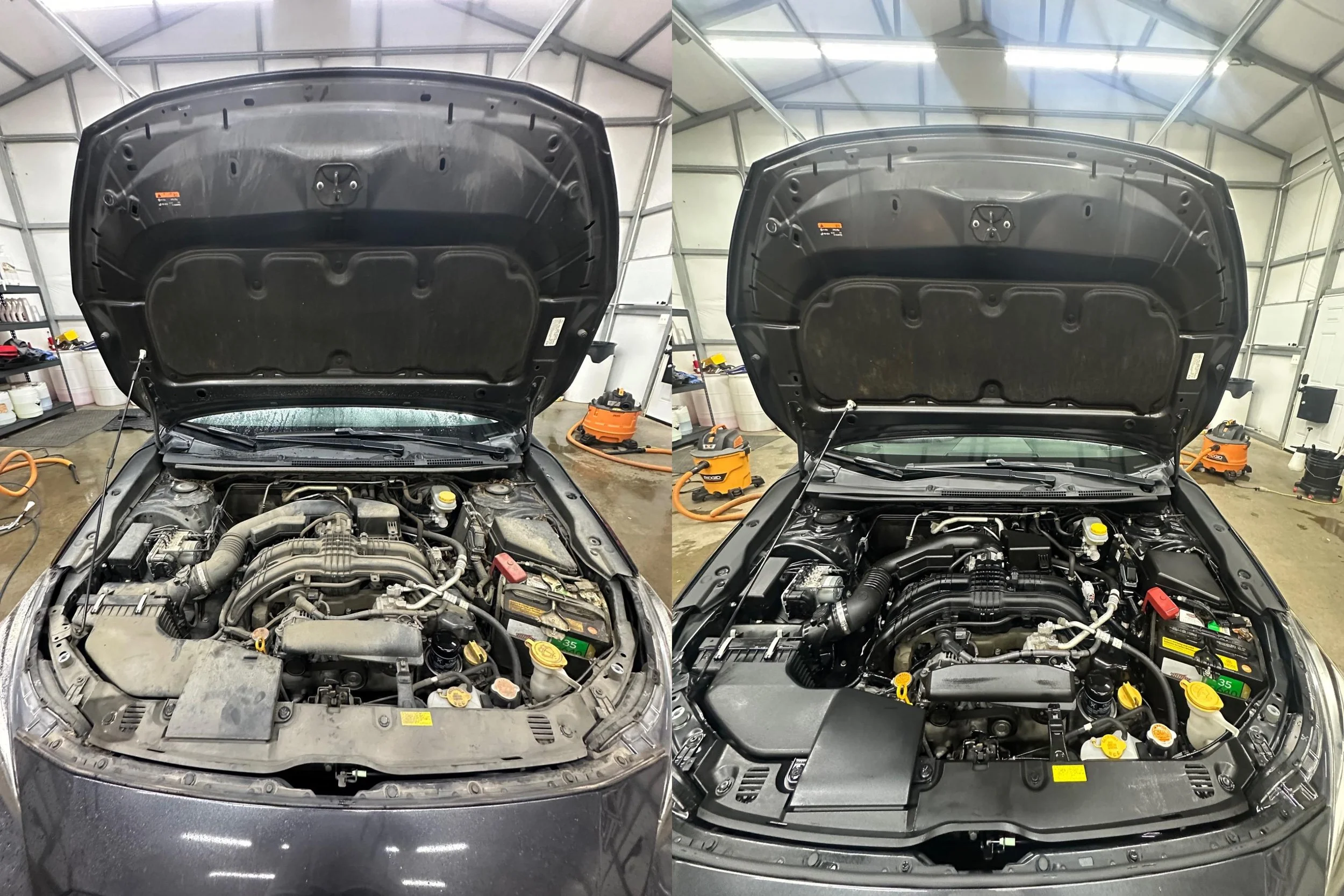 Engine bay detailing before and after removing dirt and grease buildup