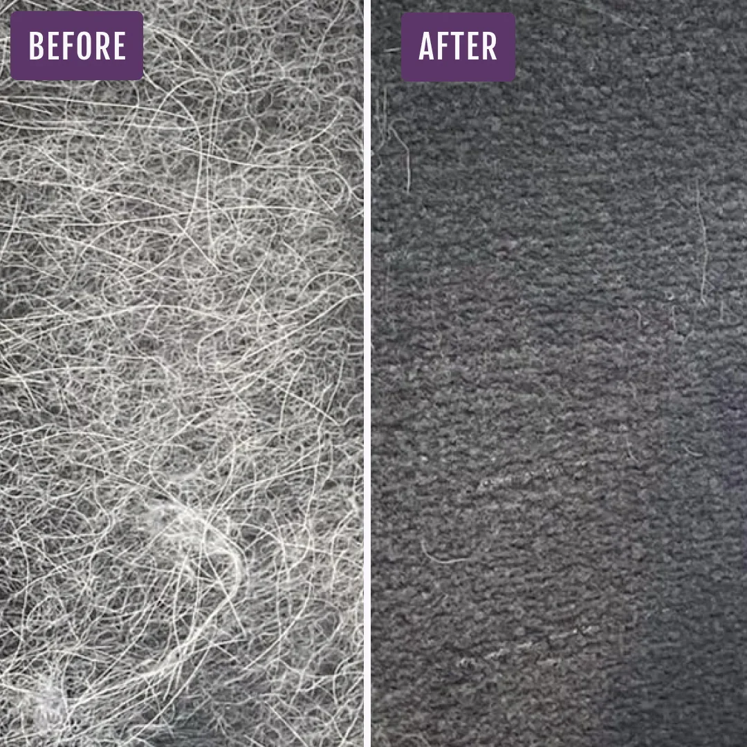 Pet hair removal service with before and after results, eliminating embedded hair and restoring a clean interior surface.