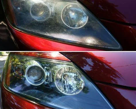 Headlight restoration before and after showing improved clarity and brightness