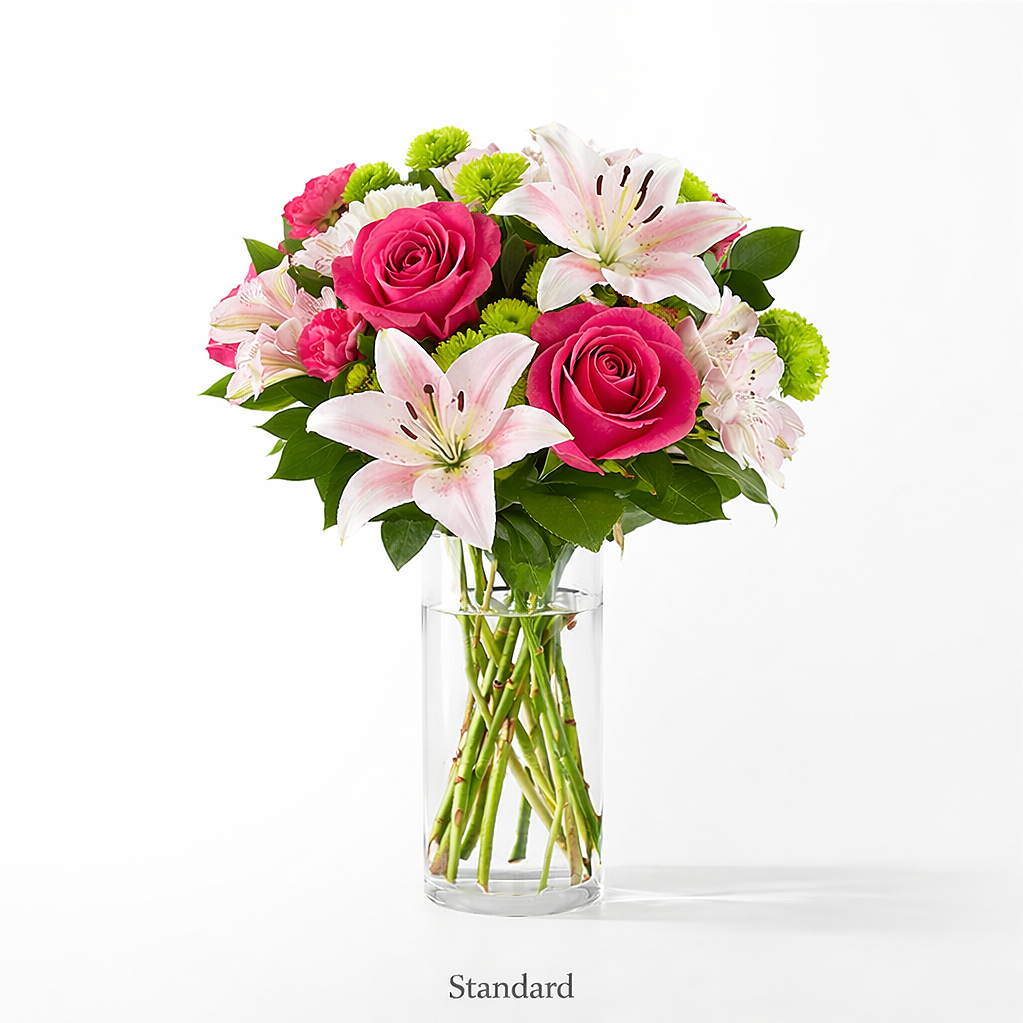 valteos flowers and gifts+arrangement+blushing pink+lily+roses+mums+alstroemeria+chrysanthemums