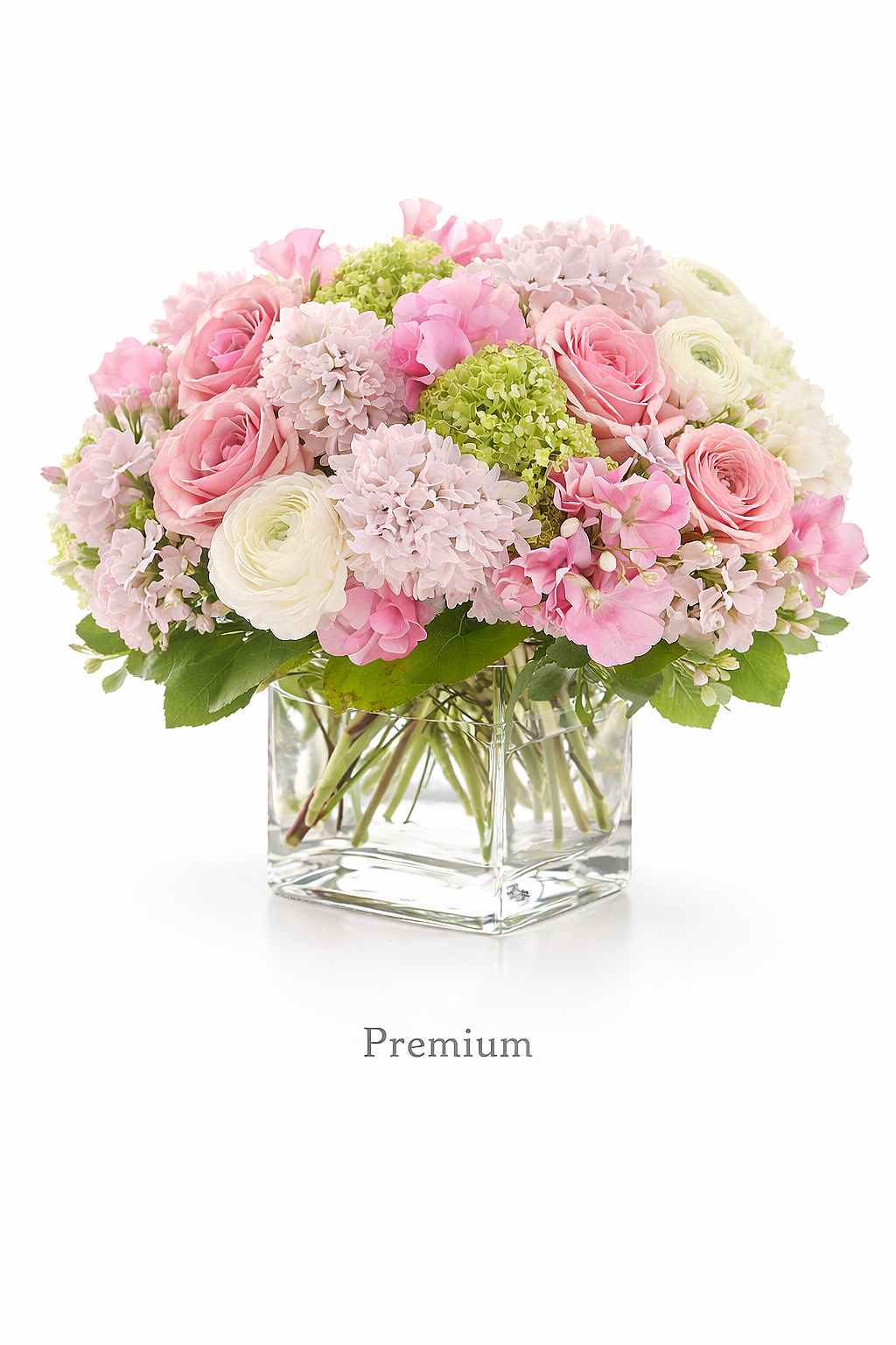 blushing grace+flower arrangement shop+pink+white+rose+hydrangeas+carnations