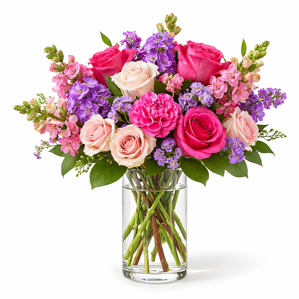 valteos flowers and gifts+arrangement+lush garden+roses+carnations+lavender+greenery