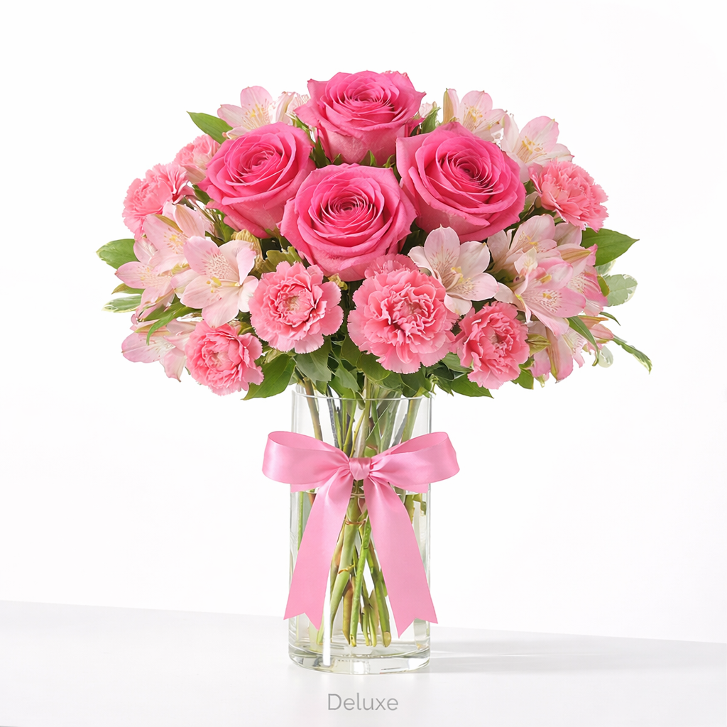 valteos flowers and gifts+arrangement+blushing elegance+pink+roses+carnations+alstoemeria