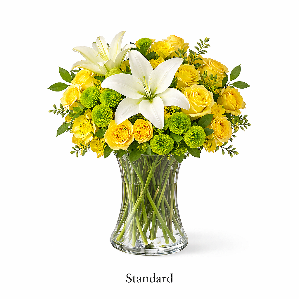valteos flowers and gifts+arrangement+golden+serenity+lily+roses+mums+greenery