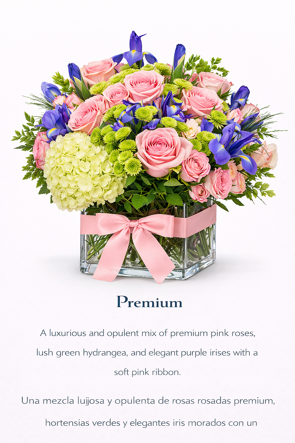 valteos flowers and gifts+blushing garden arrangement+bouquet+pink bow+pink roses+purple irises+hydrangea