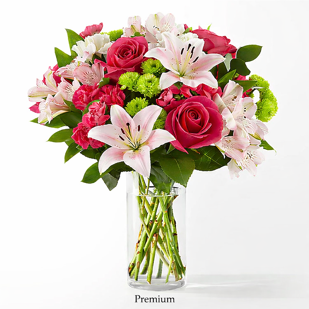 valteos flowers and gifts+arrangement+blushing pink+lily+roses+mums+alstroemeria+chrysanthemums