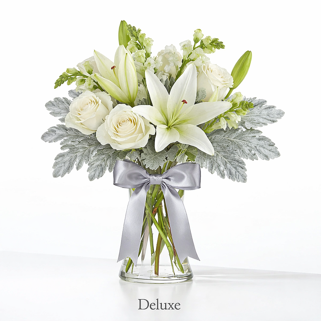 valteos flowers and gifts+arrangement+whispering peace+roses+lilies+snap dragons+greenery+dusty miller
