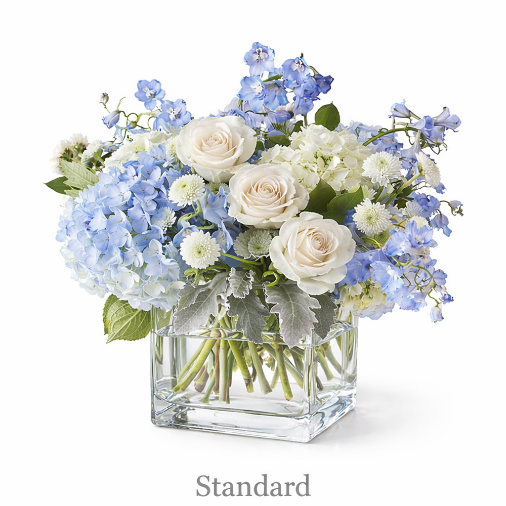 serene garden+flower arrangement shop+white+rose+hydrangeas+dusty miller+blue delphinium