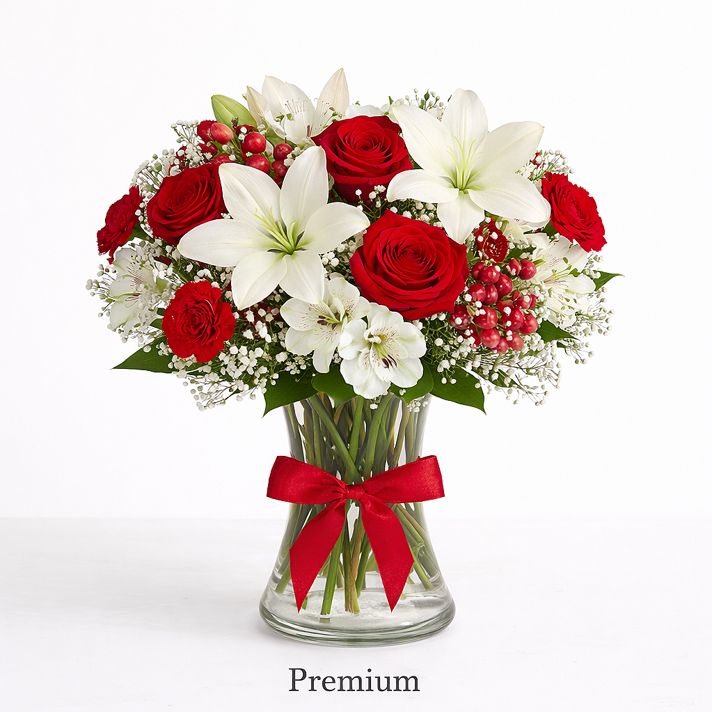 valteos flowers and gifts+arrangement+grand elegance+red+white+dragons breath+roses+lilies+carnations+alstroemeria