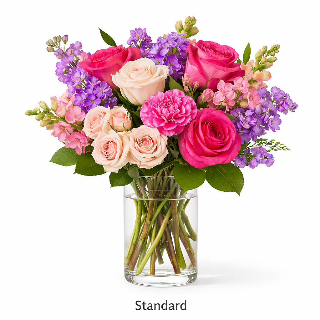 valteos flowers and gifts+arrangement+lush garden+roses+carnations+lavender+greenery