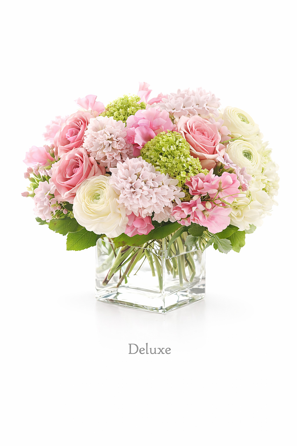 blushing grace+flower arrangement shop+pink+white+rose+hydrangeas+carnations