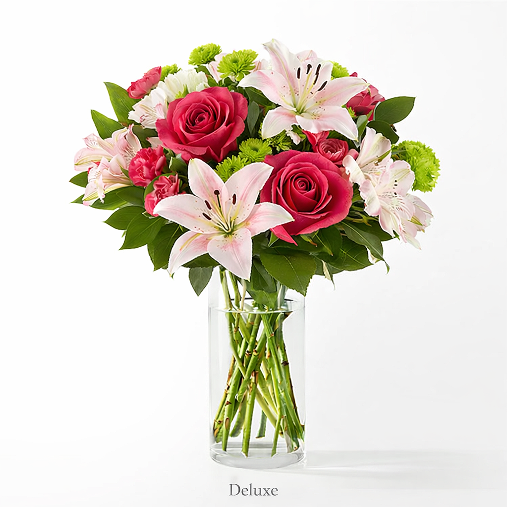 valteos flowers and gifts+arrangement+blushing pink+lily+roses+mums+alstroemeria+chrysanthemums