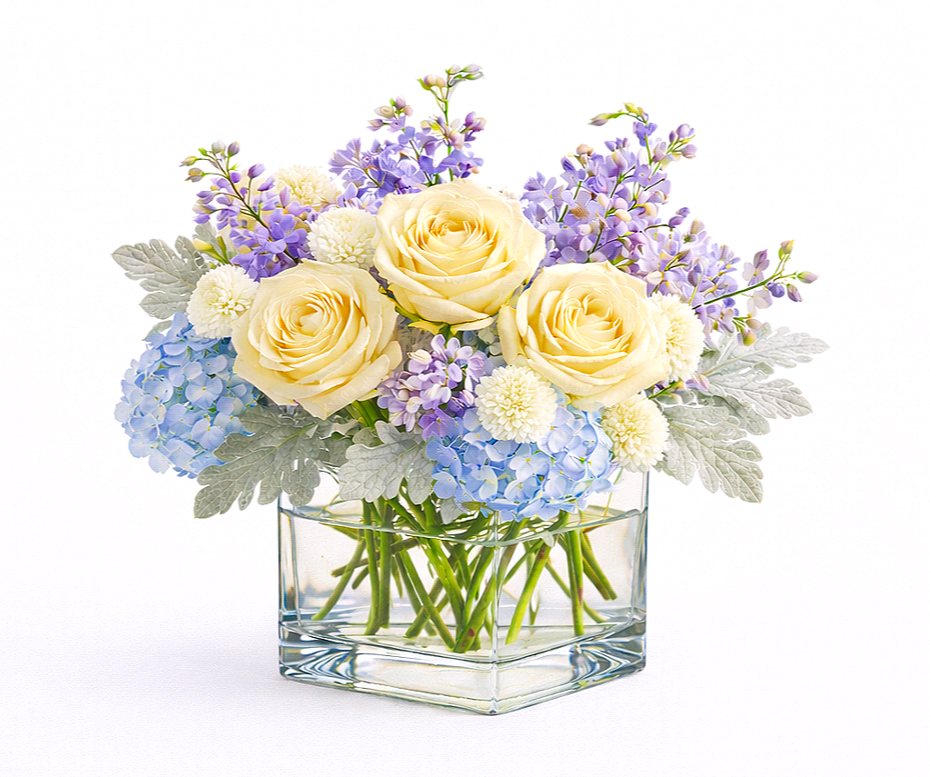 valteos flowers and gifts+arrangement+lavender garden+hydrangeas+rose+dusty miller
