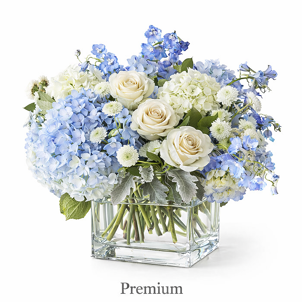 serene garden+flower arrangement shop+white+rose+hydrangeas+dusty miller+blue delphinium
