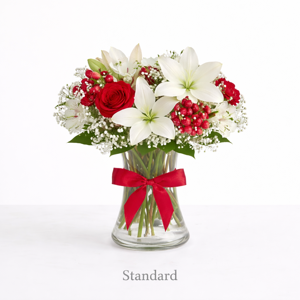 valteos flowers and gifts+arrangement+grand elegance+red+white+dragons breath+roses+lilies+carnations+alstroemeria