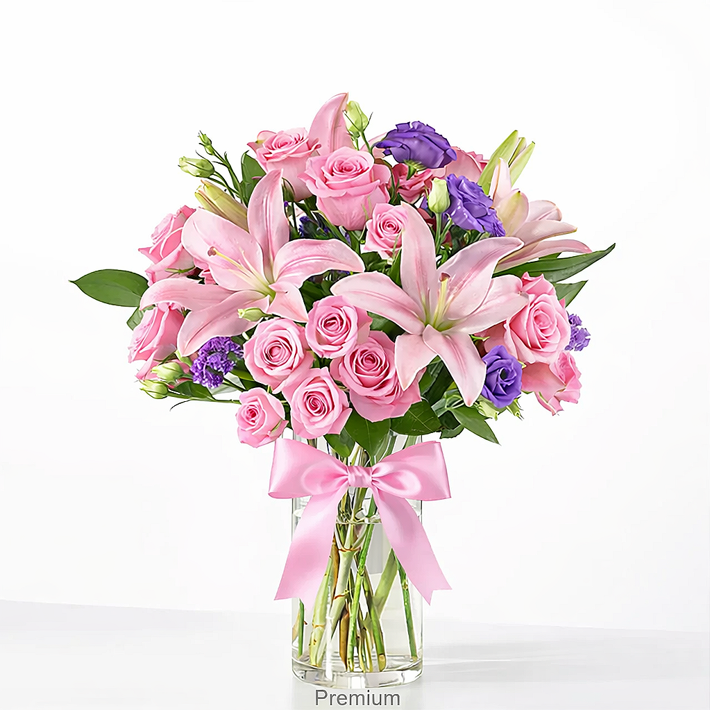 valteos flowers and gifts+arrangement+enchanted twilight+roses+lilies+lavender+greenery+lisianthus