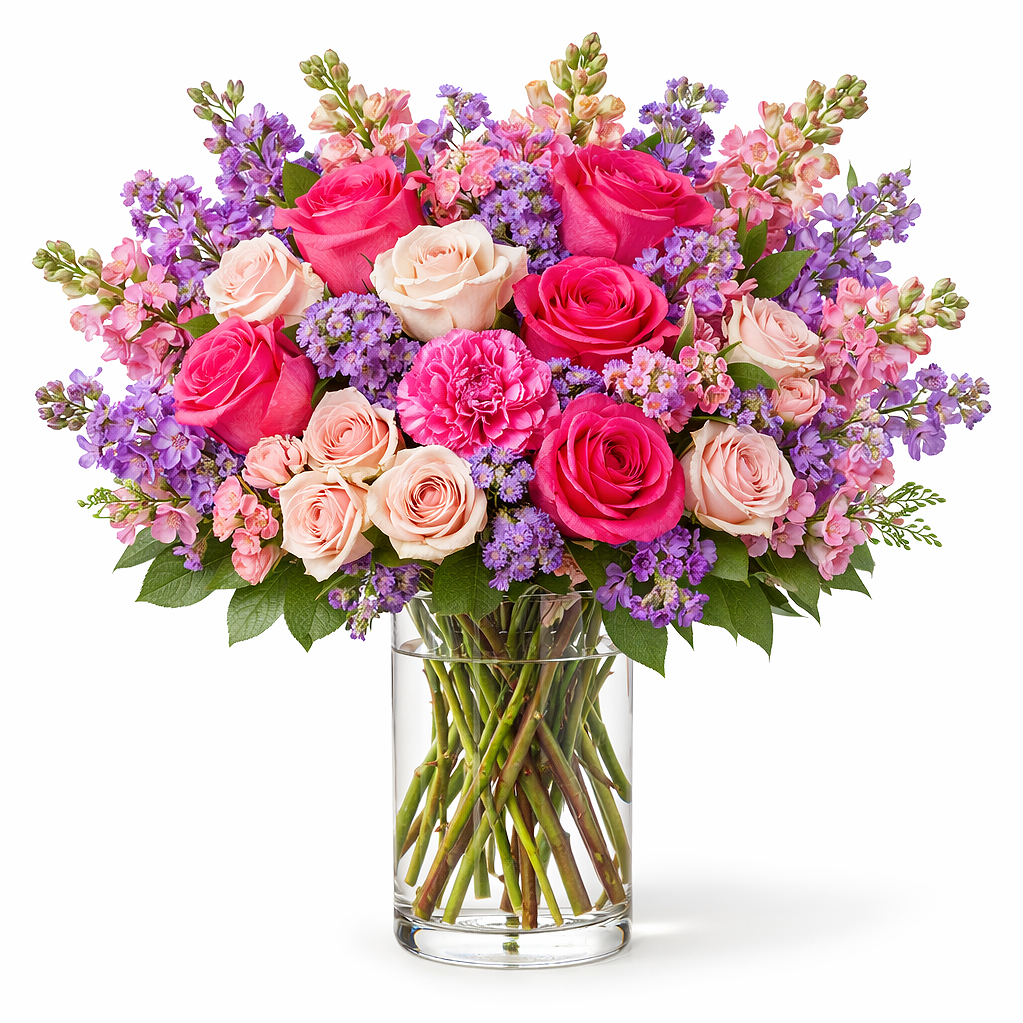 valteos flowers and gifts+arrangement+lush garden+roses+carnations+lavender+greenery