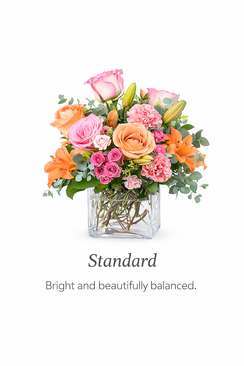 peach blossom delight+flower arrangement shop+peach+rose+Lily+carnations
