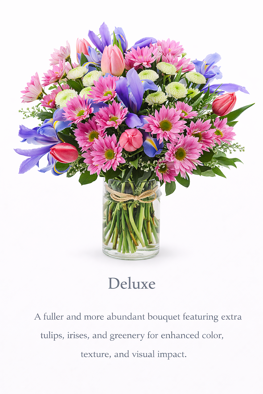 spring+meadow+delight+Standard+arrangmenet+chrysanthemums+tulips+iris