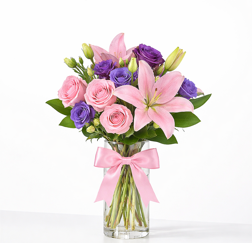 valteos flowers and gifts+arrangement+enchanted twilight+roses+lilies+lavender+greenery+lisianthus