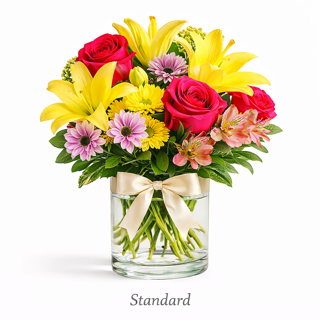 valteos flowers and gifts+arrangement+sunshine garden+red+yellow+pinkj+roses+lilies+carnations