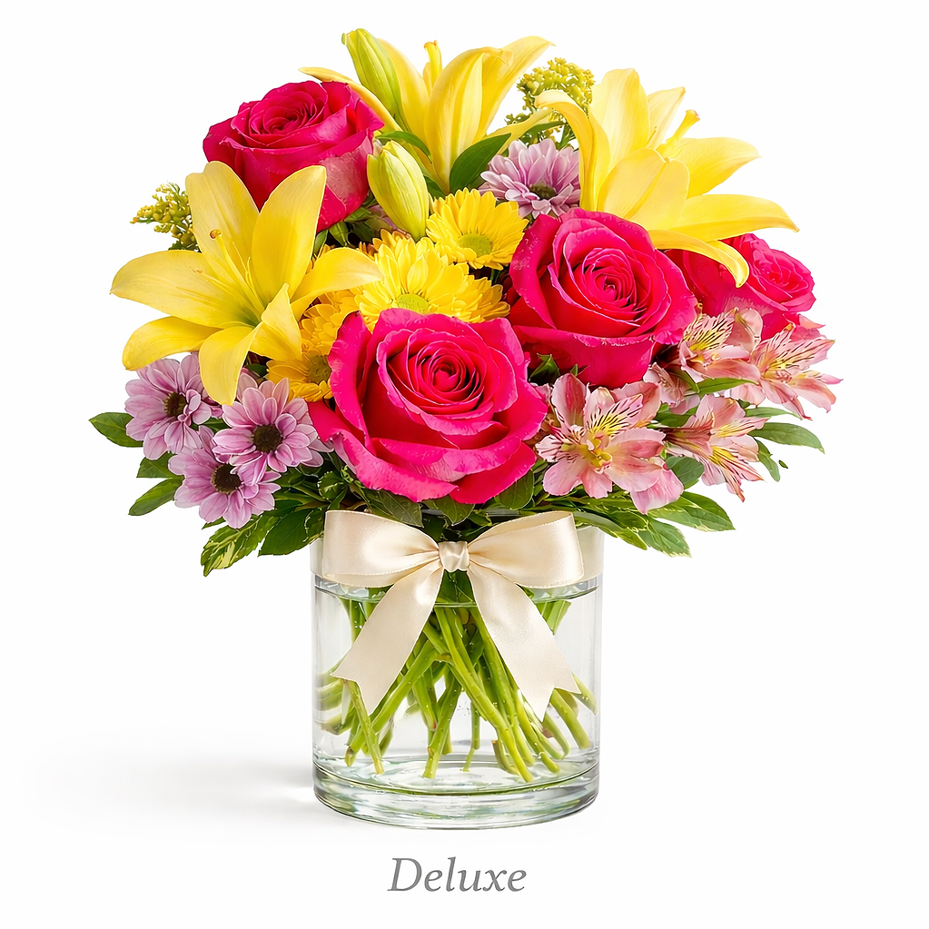 valteos flowers and gifts+arrangement+sunshine garden+red+yellow+pinkj+roses+lilies+carnations