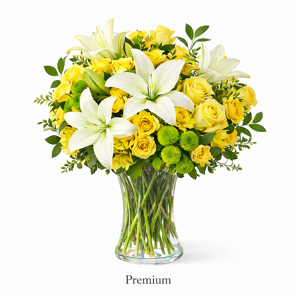 valteos flowers and gifts+arrangement+golden+serenity+lily+roses+mums+greenery