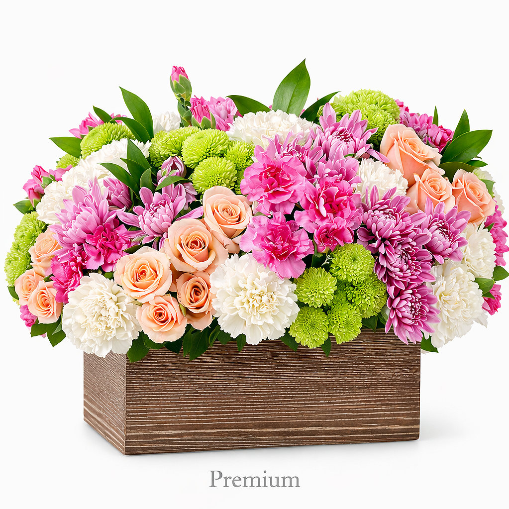valteos flowers and gifts+arrangement+desert charm+pink+white+peach+carnations+roses+green button mums+chrysanthemums