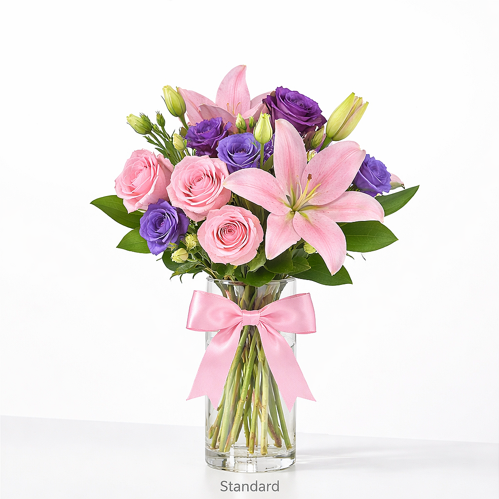 valteos flowers and gifts+arrangement+enchanted twilight+roses+lilies+lavender+greenery+lisianthus