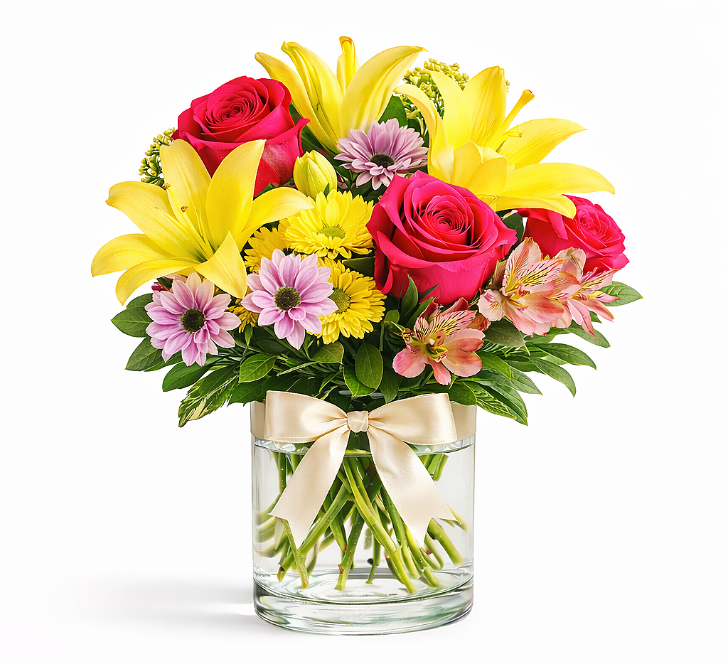 valteos flowers and gifts+arrangement+sunshine garden+red+yellow+pinkj+roses+lilies+carnations