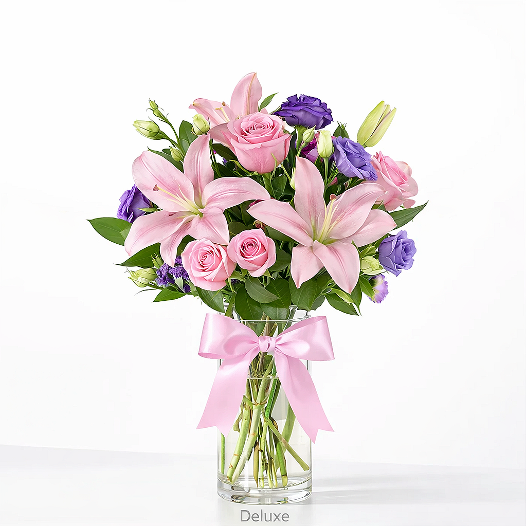 valteos flowers and gifts+arrangement+enchanted twilight+roses+lilies+lavender+greenery+lisianthus