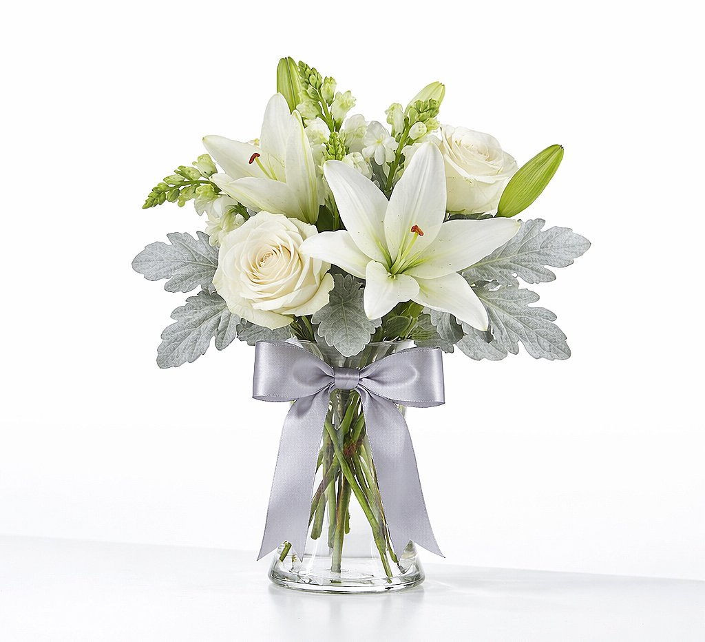 valteos flowers and gifts+arrangement+whispering peace+roses+lilies+snap dragons+greenery+dusty miller