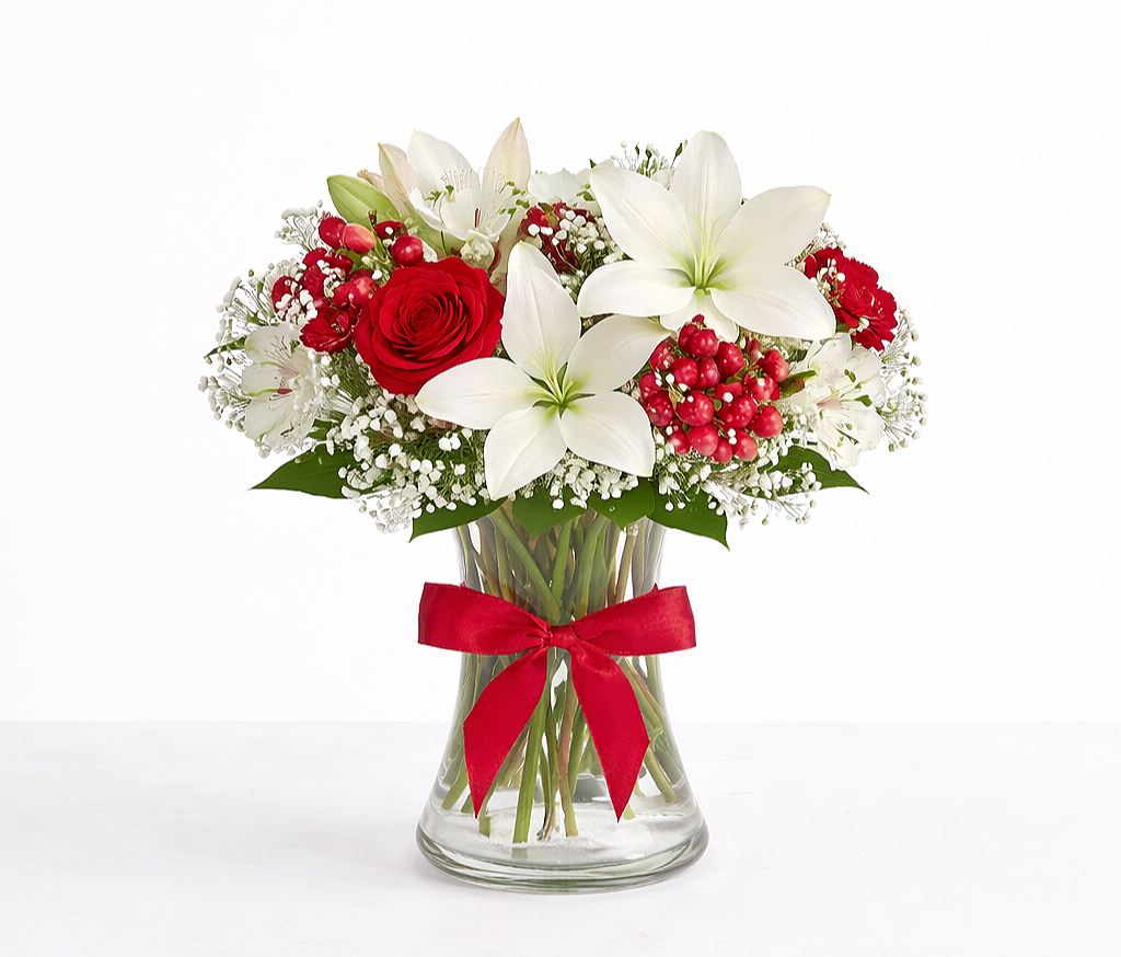 valteos flowers and gifts+arrangement+grand elegance+red+white+dragons breath+roses+lilies+carnations+alstroemeria