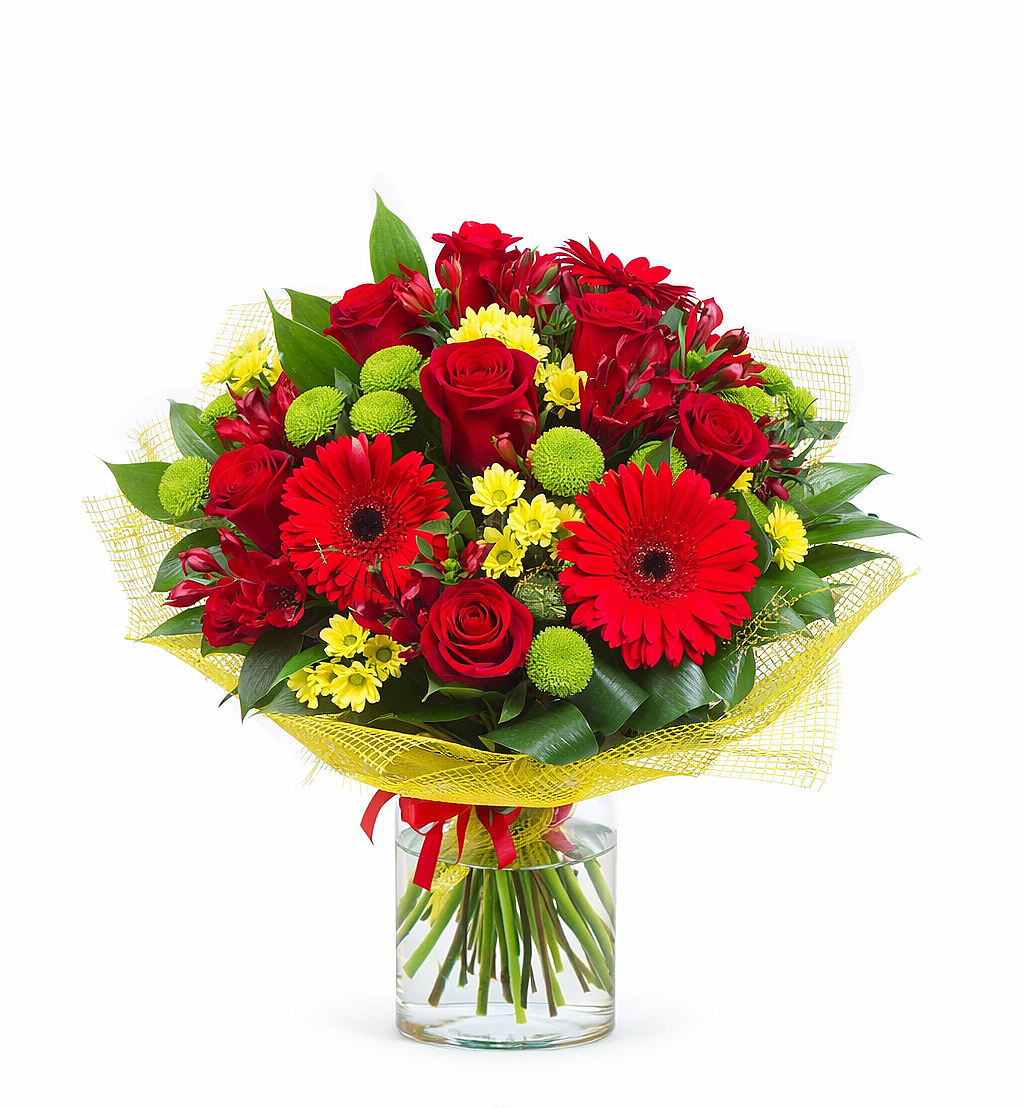 valteos flowers and gifts+arrangement+spring meadow delight bouquet+Red+Gerbera+daisies