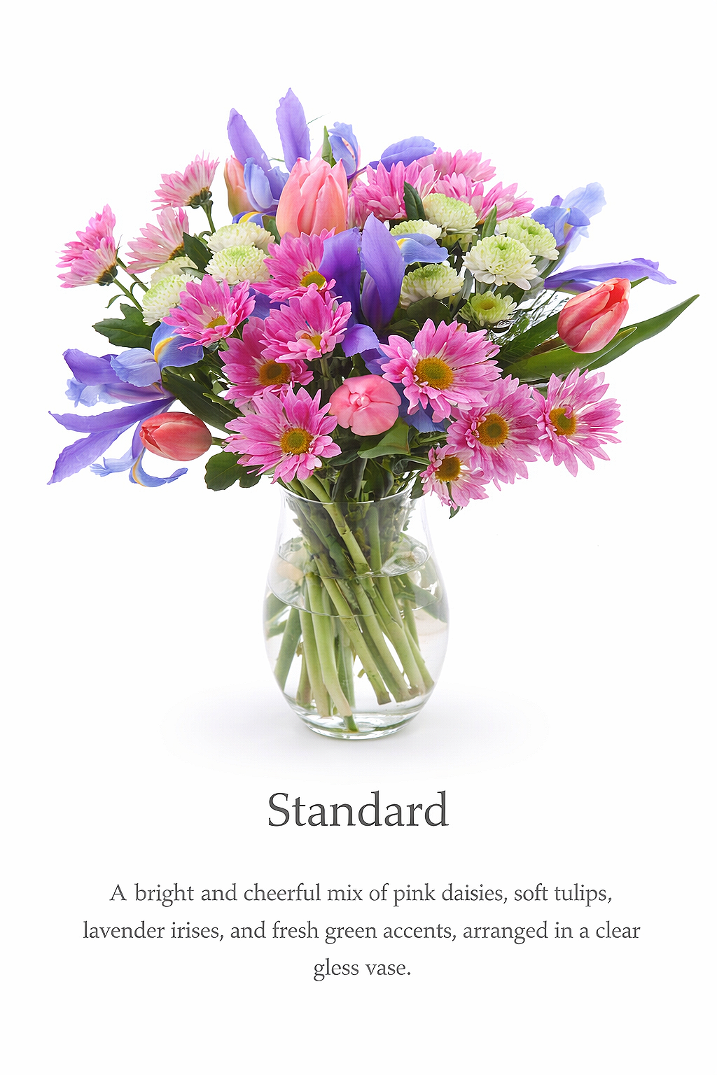 spring+meadow+delight+Standard+arrangmenet+chrysanthemums+tulips+iris