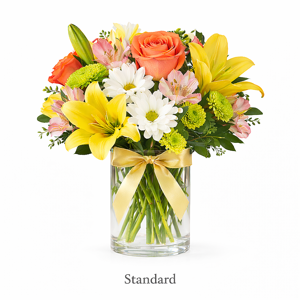 valteos flowers and gifts+arrangement+desert garden+yello+orange+carnations+roses+lilies+chrysanthemums