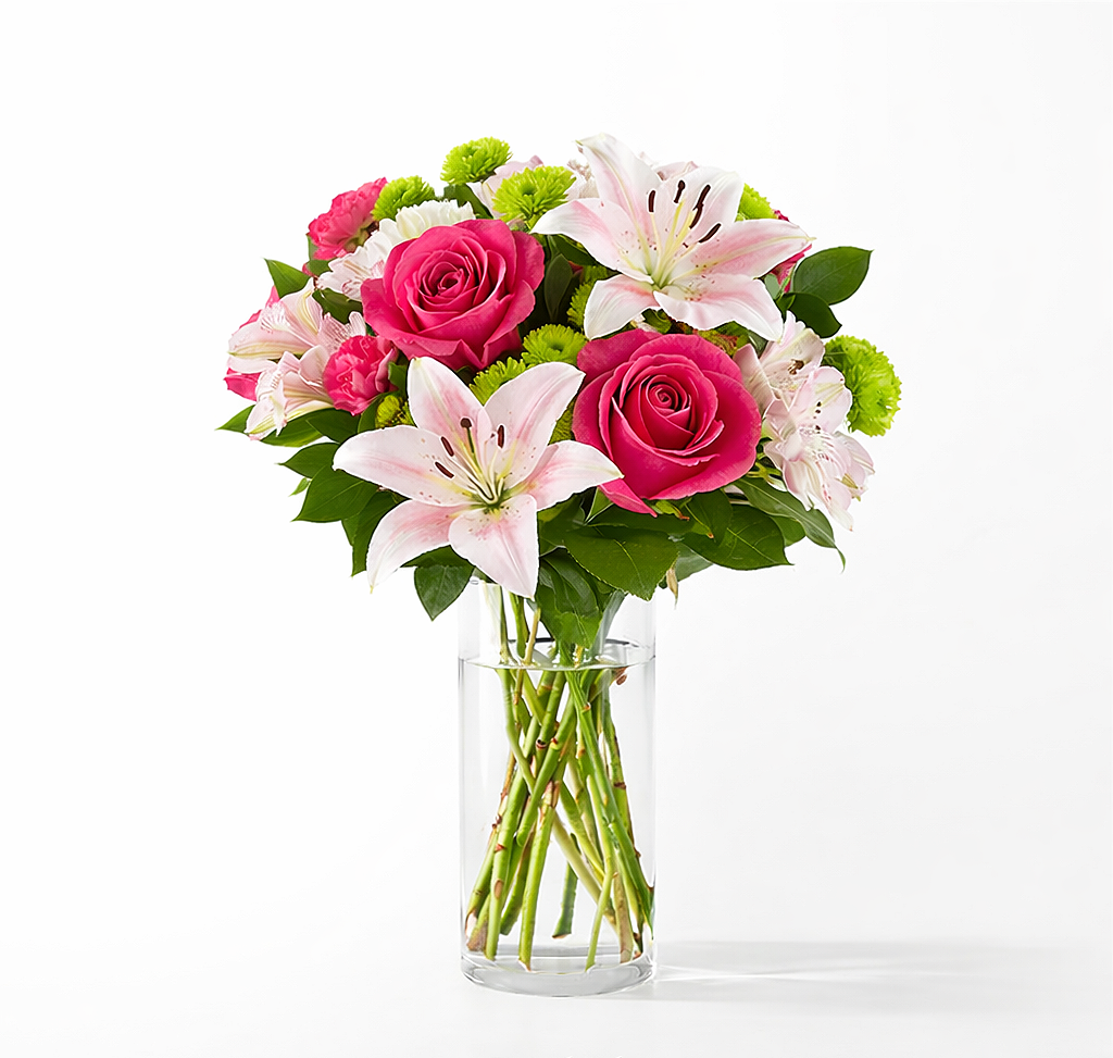 valteos flowers and gifts+arrangement+blushing pink+lily+roses+mums+alstroemeria+chrysanthemums