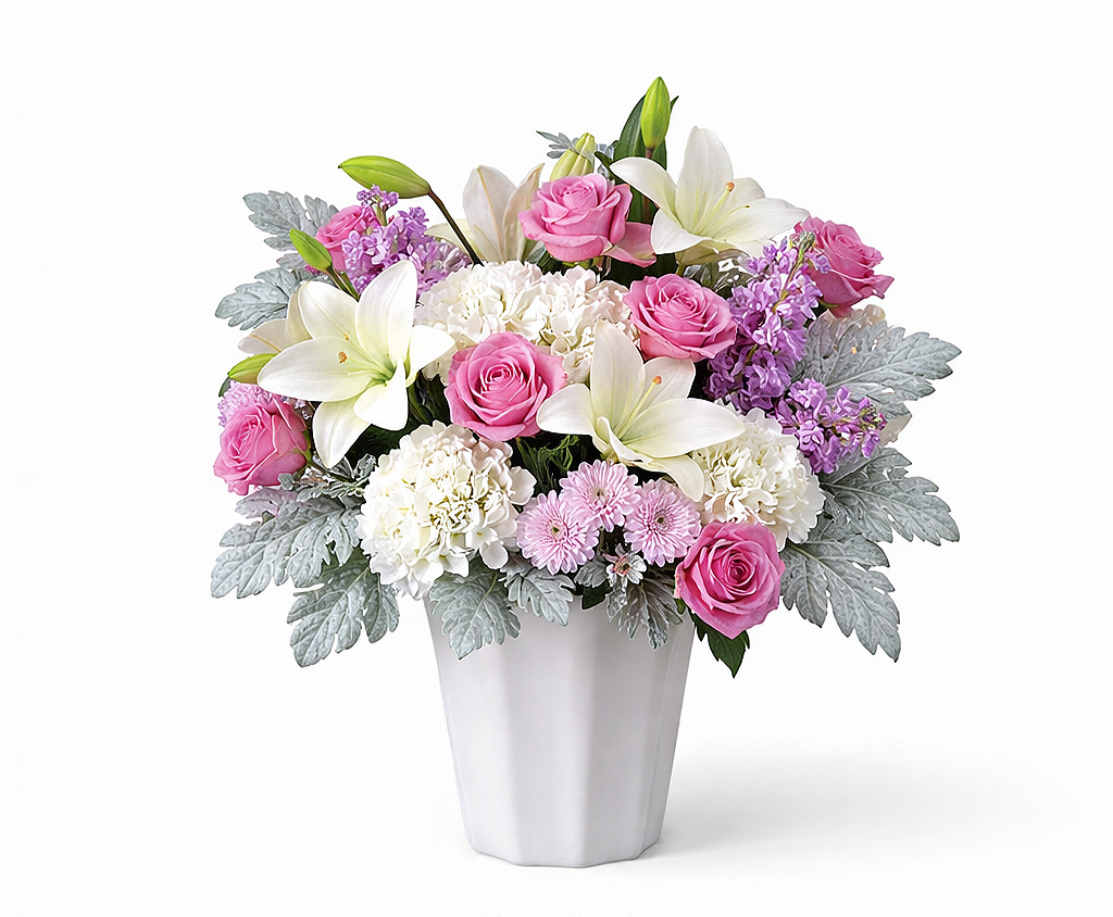 valteos flowers and gifts+arrangement+heavenly whispers+pink+roses+carnations+hydrangeas