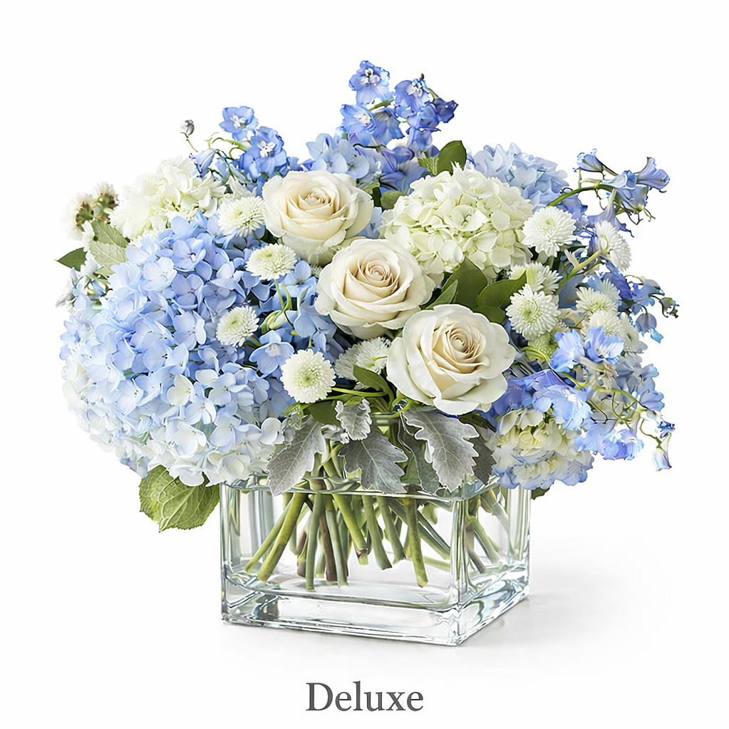 serene garden+flower arrangement shop+white+rose+hydrangeas+dusty miller+blue delphinium