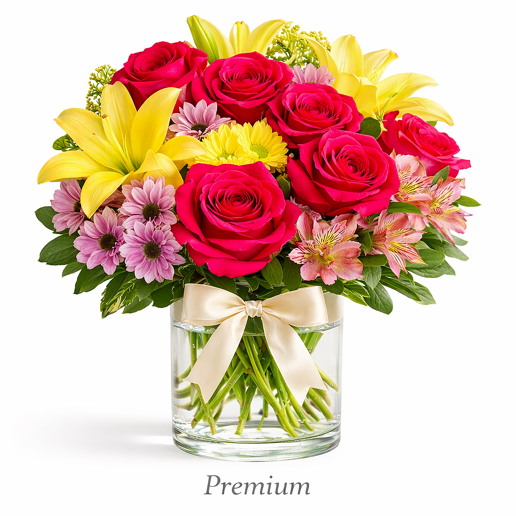 valteos flowers and gifts+arrangement+sunshine garden+red+yellow+pinkj+roses+lilies+carnations