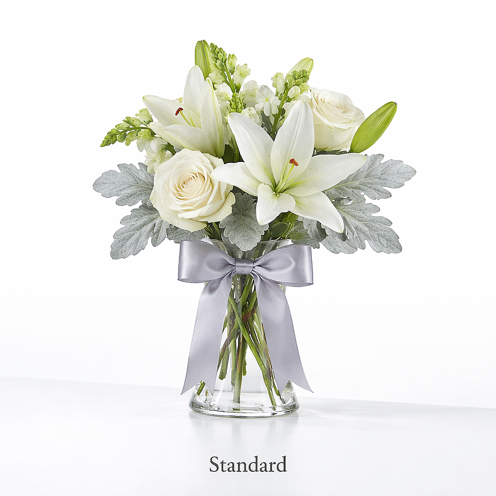 valteos flowers and gifts+arrangement+whispering peace+roses+lilies+snap dragons+greenery+dusty miller