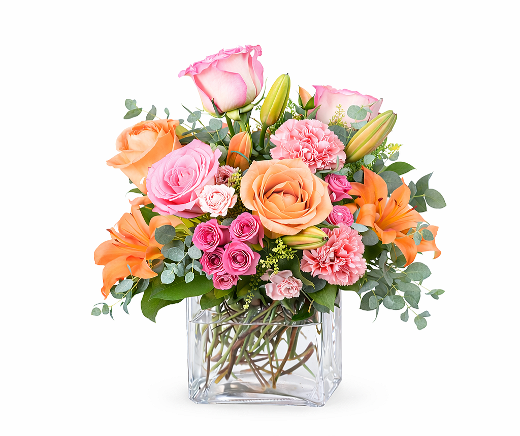 peach blossom delight+flower arrangement shop+peach+rose+Lily+carnations