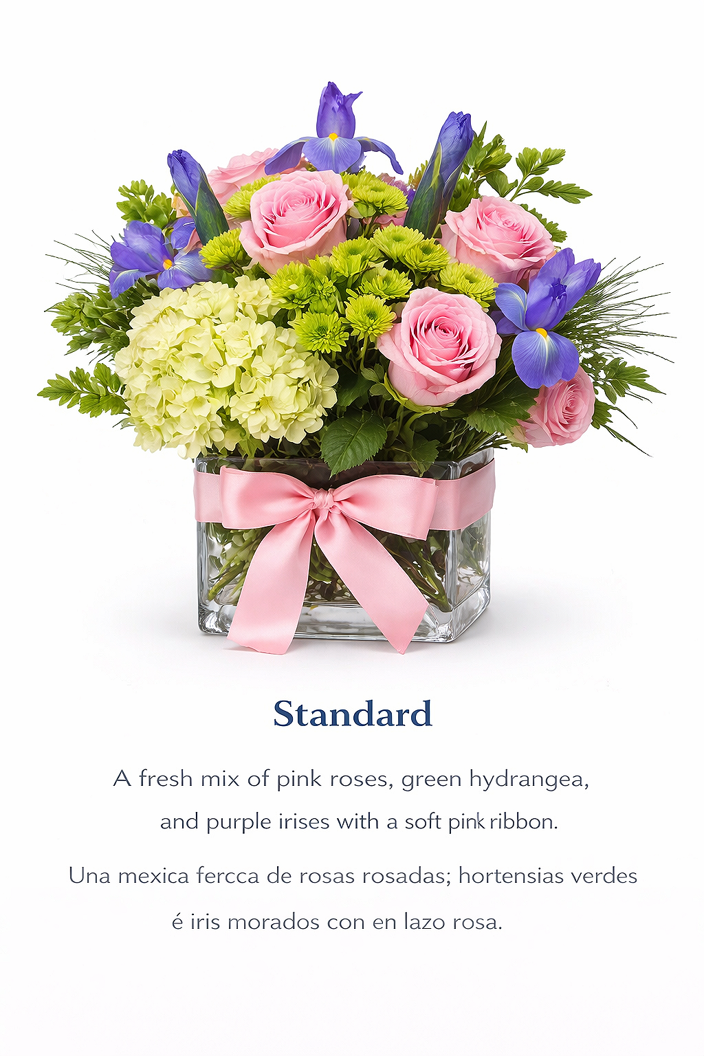 valteos flowers and gifts+blushing garden arrangement+bouquet+pink bow+pink roses+purple irises+hydrangea