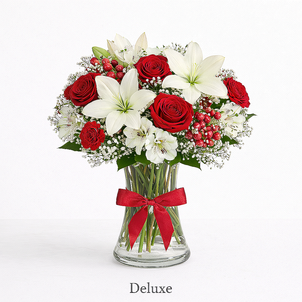 valteos flowers and gifts+arrangement+grand elegance+red+white+dragons breath+roses+lilies+carnations+alstroemeria
