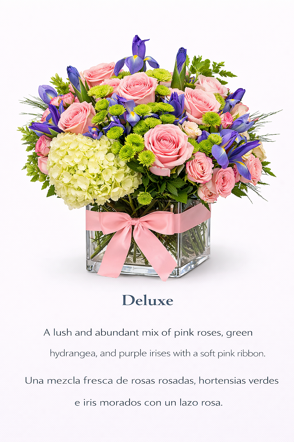 valteos flowers and gifts+blushing garden arrangement+ bouquet+pink bow+pink roses+purple irises+hydrangea