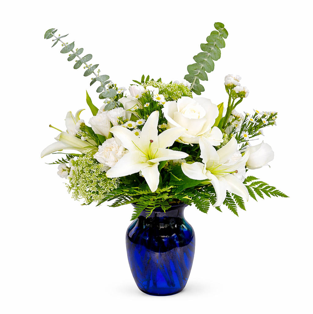 blushing+celebration+arrangement+rose+Lily+Blue vase