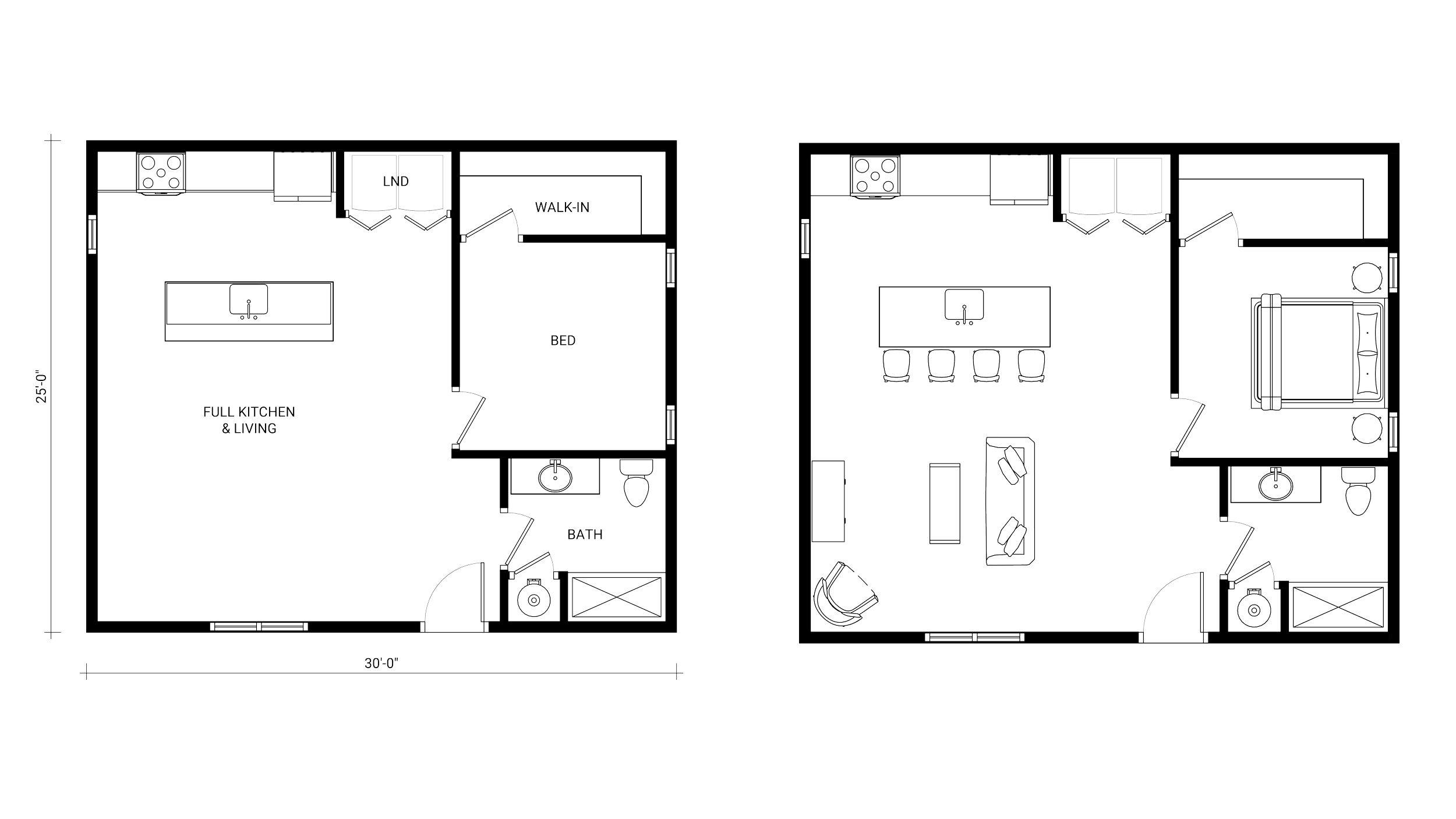 Floor plan of an ADU with side by side drawings. One contains dimensions and the other contains furniture layout. The plan includes a bedroom, kitchen, bathroom, and living area.