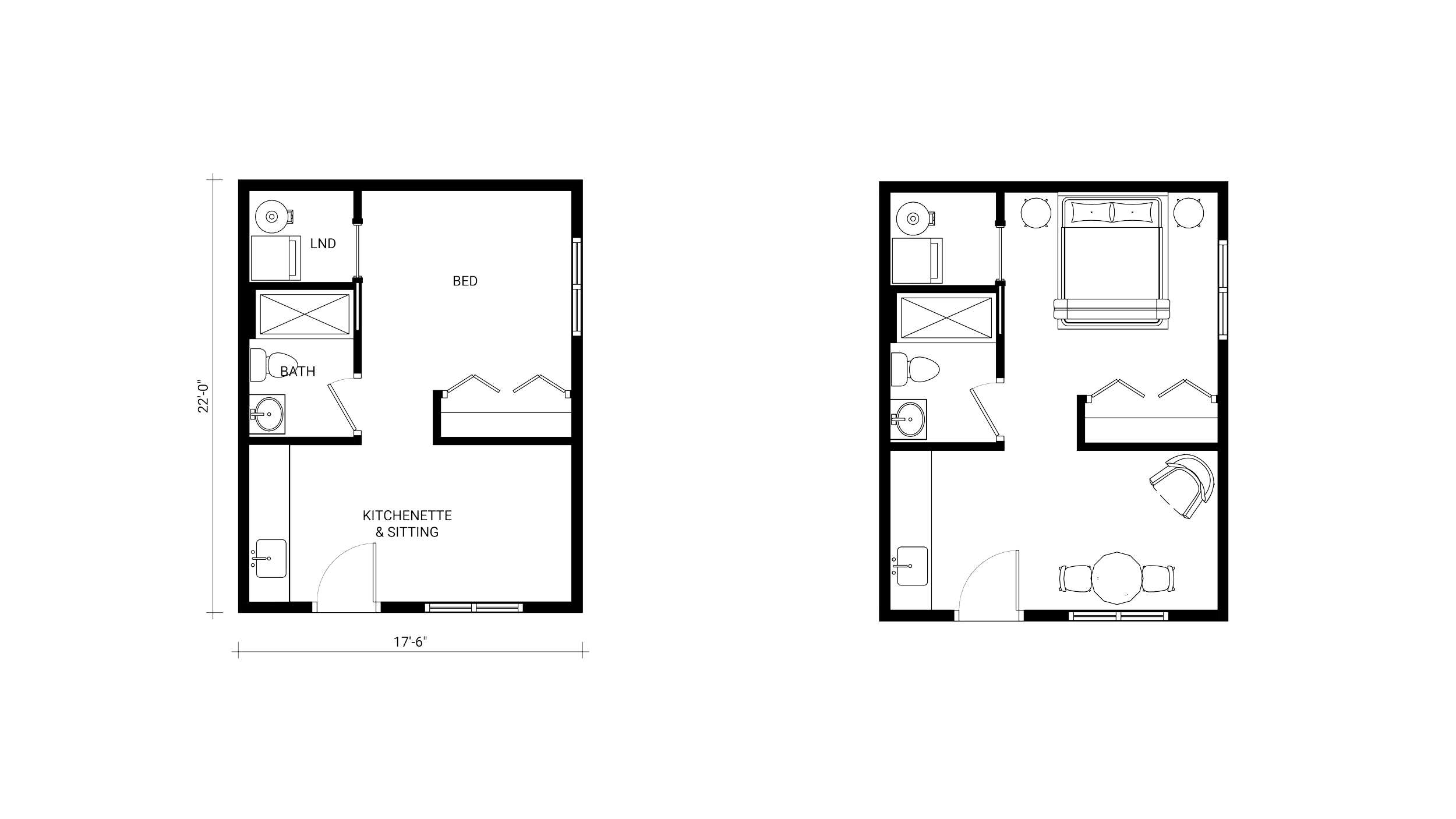Floor plan of a small Guest Suite showing a kitchen, bedroom, bathroom, laundry area on the left and another bedroom, bathroom, and a living room with furniture on the right.
