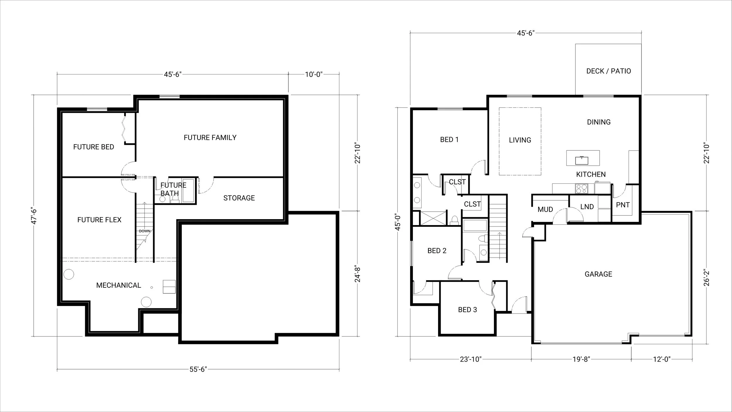 The basement and first floor plans of a ranch style home. The plans include dimensions and labels for each designated space.