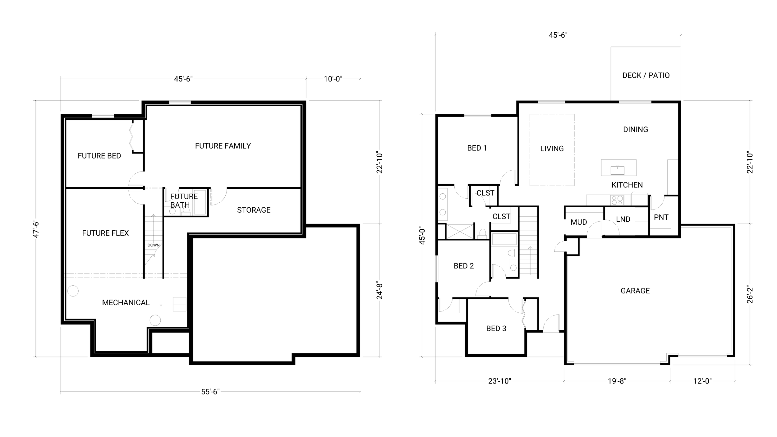 A detailed architectural floor plan of a house showing the layout of the first and second levels, including rooms like bedrooms, bathroom, kitchen, living room, garage, storage, and future designated spaces, with dimensions marked.